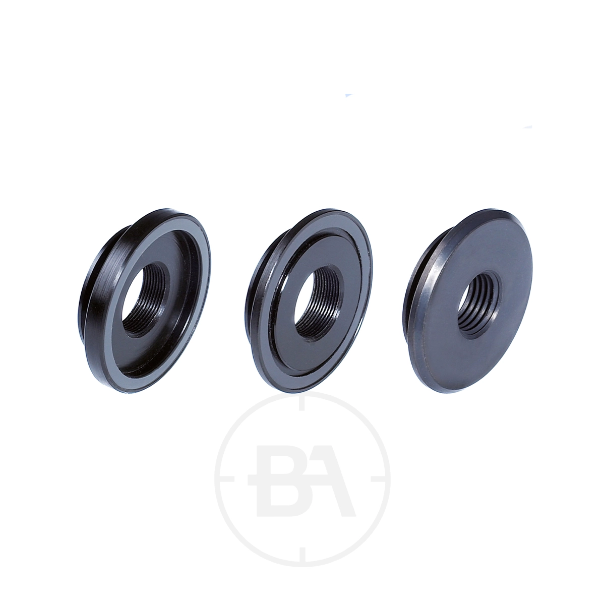 Gehmann 579 Adaptor Range 1 Three black threaded metal rings from the Gehmann 579 Adaptor Range are displayed at various angles on a white background, highlighting their versatility for multiple applications.