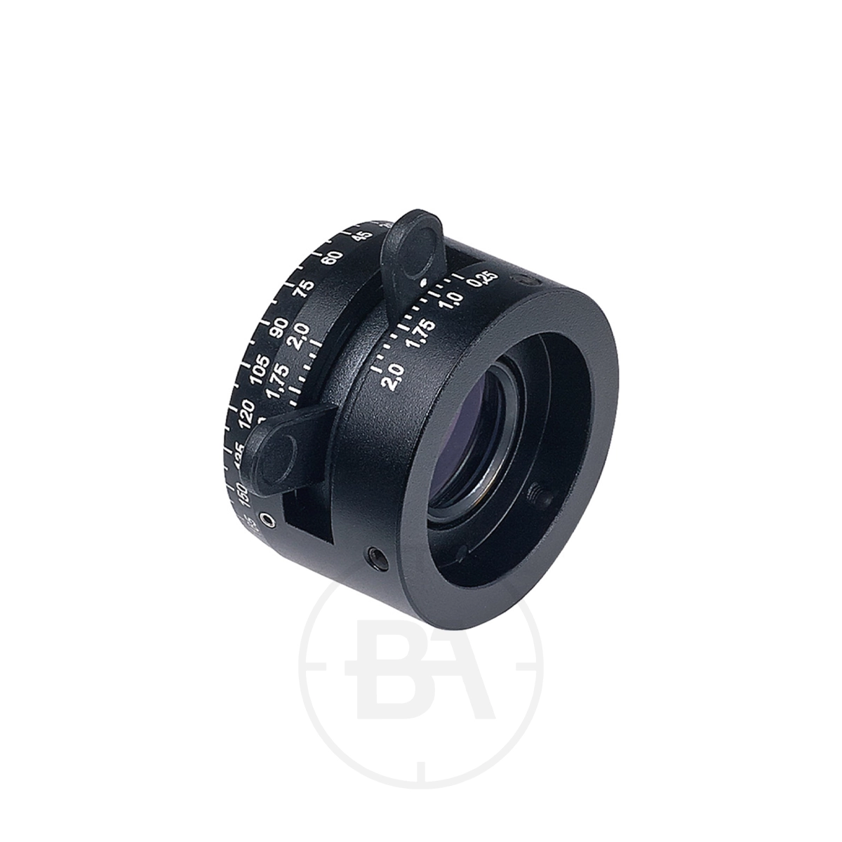 Gehmann 579 Cylidrical Lens System 0-2% Sphere 1 Black circular adjustable lens with numbered scale and two knobs, featuring the Gehmann 579 Cylindrical Lens System 0-2% Sphere, set against a white background.