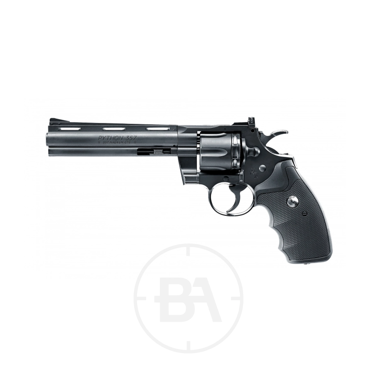 Colt Python 6" Dual Ammo CO2 Pistol 1 The Colt Python 6" 357 Magnum CO2 Pistol features a black finish, textured grip, and long barrel, displayed in profile view against a white background.