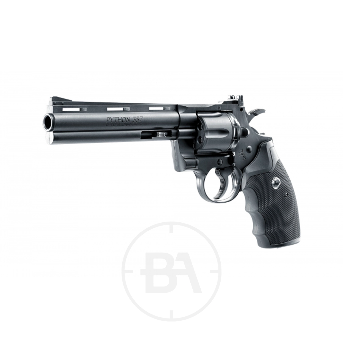 Colt Python 6" Dual Ammo CO2 Pistol 3 A Colt Python 6" .357 Magnum CO2 Pistol with a black finish and textured grip, displayed against a plain white background.