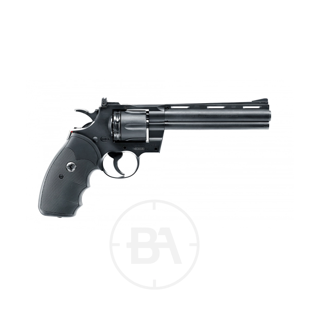 Colt Python 6" Dual Ammo CO2 Pistol 5 A Colt Python 6" 357 Magnum CO2 Pistol with a long black barrel and textured grip, shown in profile against a white background.