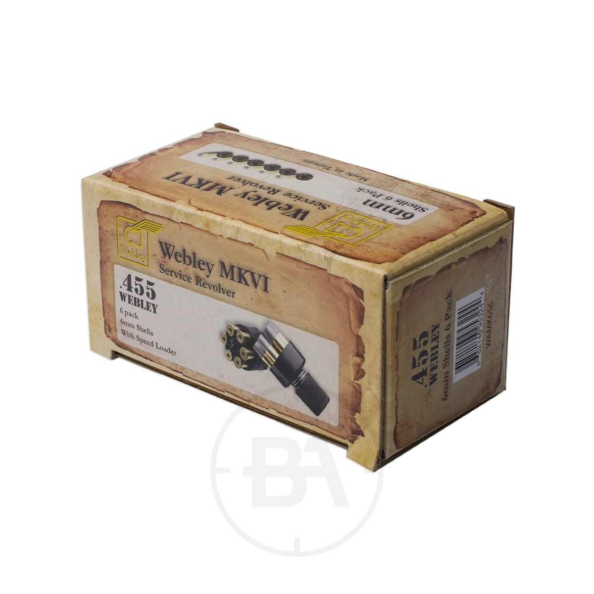 Webley MKVI Replacement Shells x6 & Speed Loader 1 Cardboard box containing six Webley MKVI Replacement Shells, featuring revolver cylinder imagery and detailed branding. Perfect for enthusiasts needing .455 caliber BB pellets.