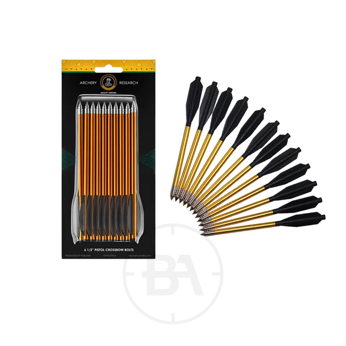 EK Archery Pistol 6.5" Crossbow Aluminium Bolts (x10) 1 A pack of ten EK Archery Pistol 6.5" Crossbow Aluminium Bolts, featuring black plastic fletching and gold shafts, displayed in packaging and also arranged in a fan shape outside the pack.