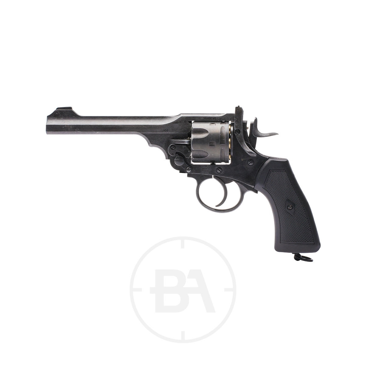 Webley MKVI 6" Service Revolver CO2 Pistol 3 A black Webley MKVI 6" Service Revolver CO2 Pistol with a long barrel and textured grip is displayed on a white background, facing left.