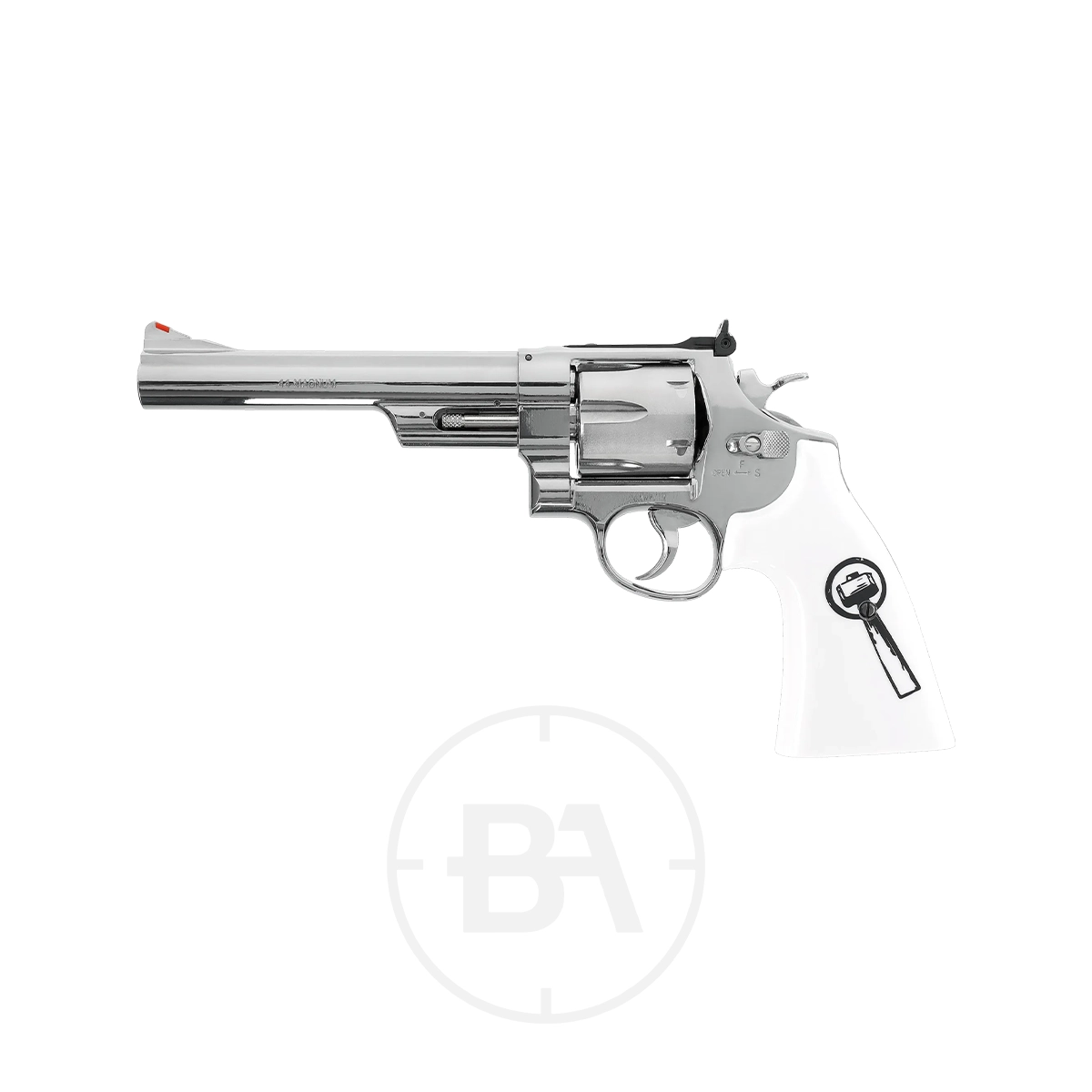 Smith & Wesson 629 Trust Me CO2 Pistol 1 A Smith & Wesson 629 Trust Me CO2 Pistol with a silver finish, long barrel, and white grip is shown against a plain white background.