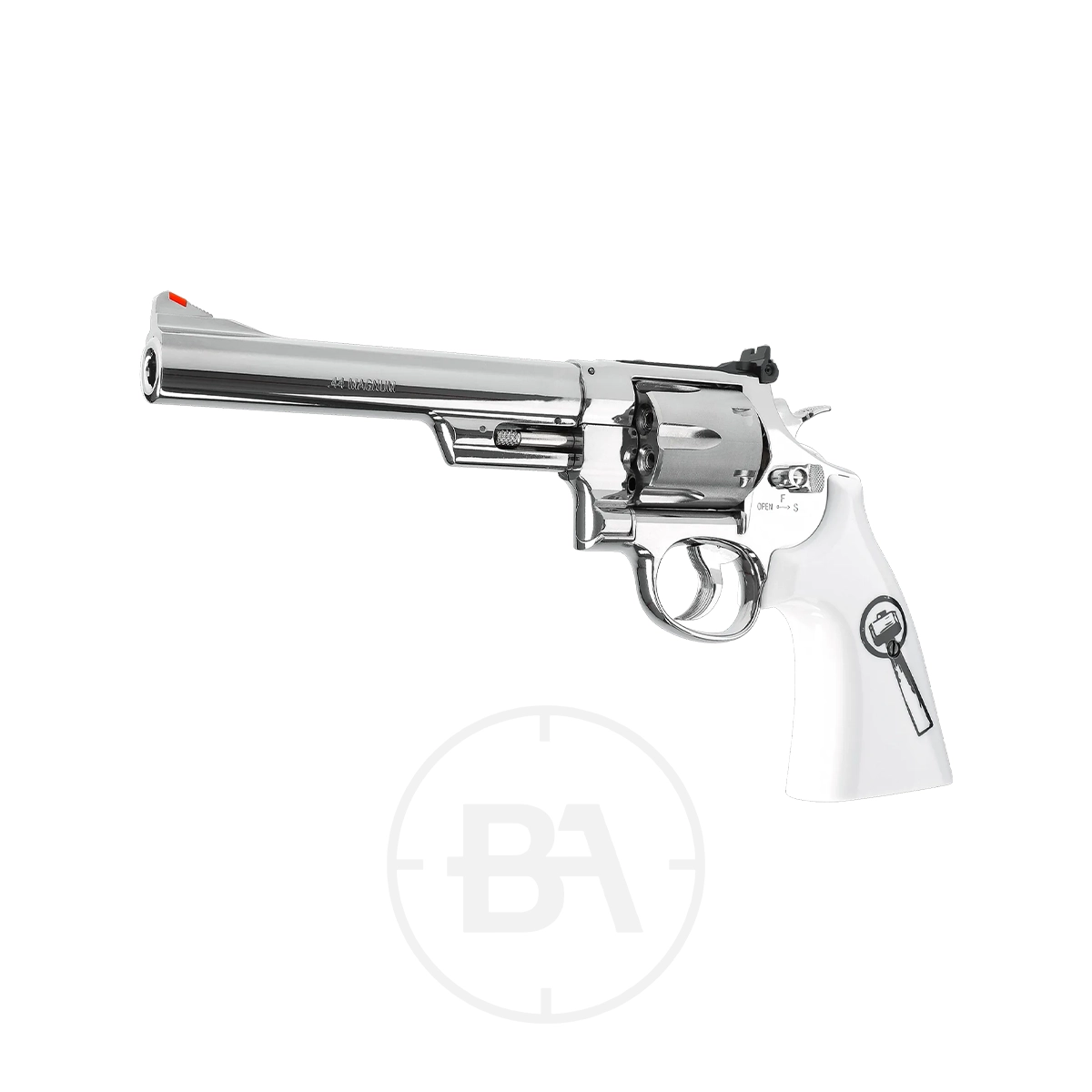 Smith & Wesson 629 Trust Me CO2 Pistol 3 The Smith & Wesson 629 Trust Me CO2 Pistol is shown in profile with a long barrel and white grip, set against a plain white background.