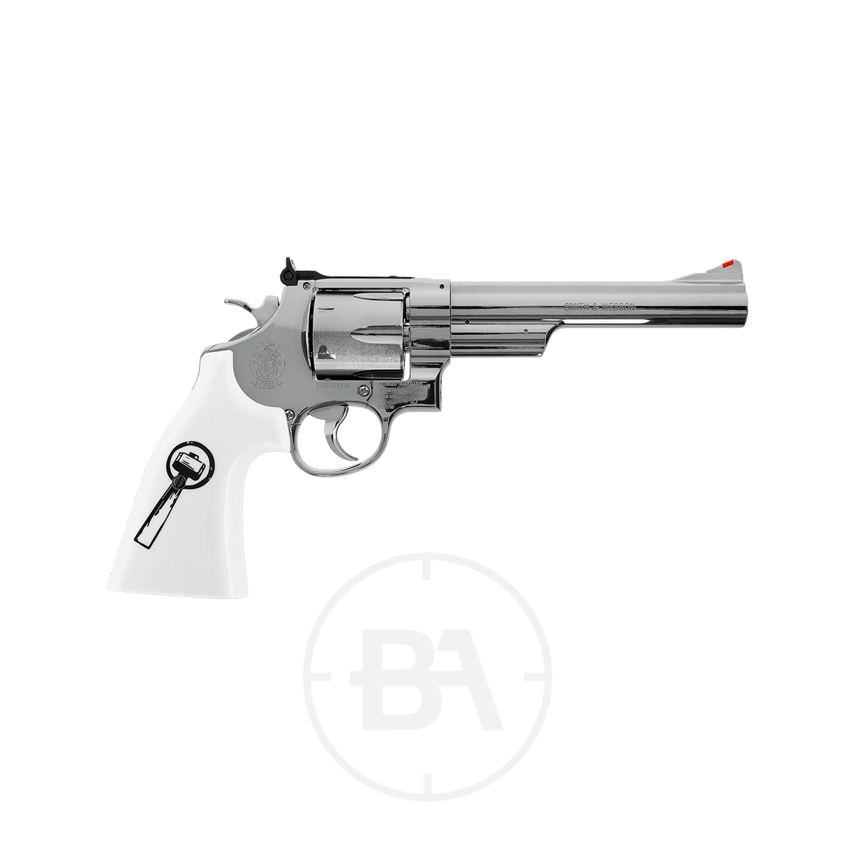 Smith & Wesson 629 Trust Me CO2 Pistol 5 A Smith & Wesson 629 Trust Me CO2 Pistol with a long barrel and white grip, shown in a side profile against a plain white background.