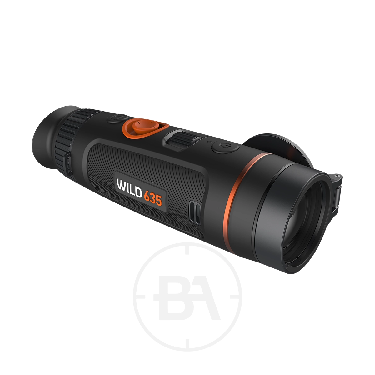 ThermTec Wild 635 Thermal lmaging Monocular 1 The ThermTec Wild 635 Thermal Imaging Monocular, in black and orange with a focus ring and control buttons, is shown handheld against a white background.