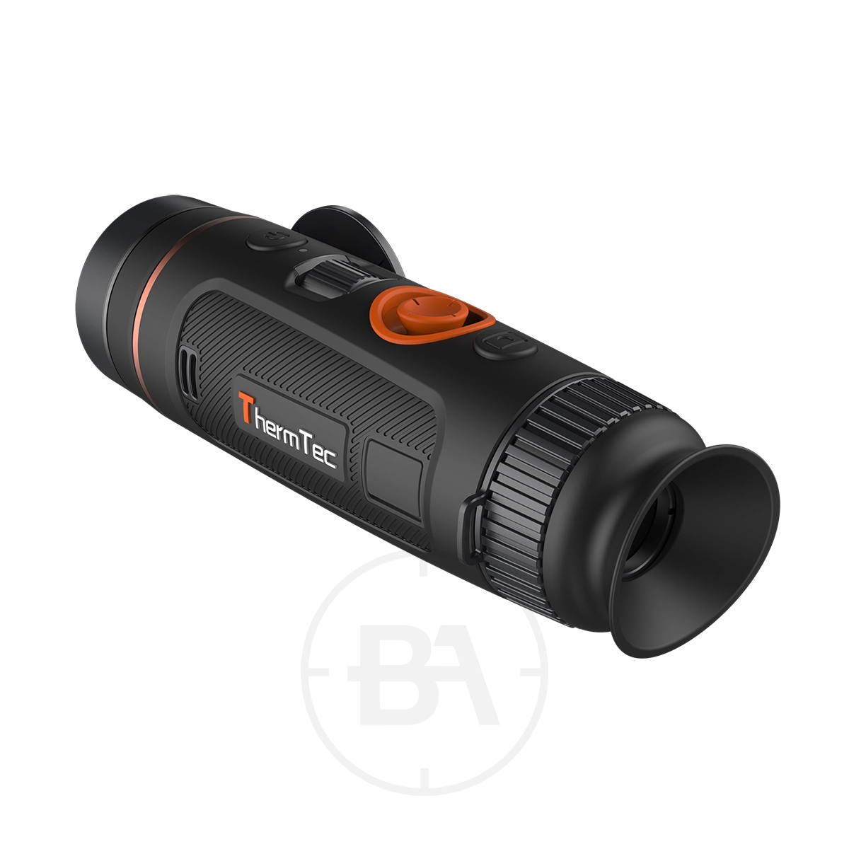 ThermTec Wild 635 Thermal lmaging Monocular 3 The ThermTec Wild 635 Thermal Imaging Monocular, in black with an orange control button, textured grip, and ThermTec logo on the side, is displayed against a white background.