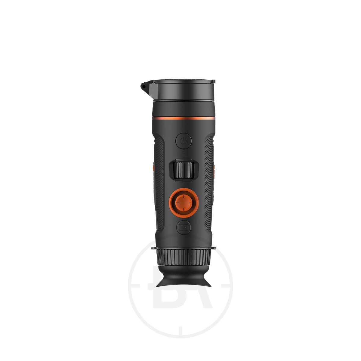 ThermTec Wild 635 Thermal lmaging Monocular 5 The ThermTec Wild 635 Thermal Imaging Monocular is a black and orange handheld device with side buttons and dials, shown upright against a white background.