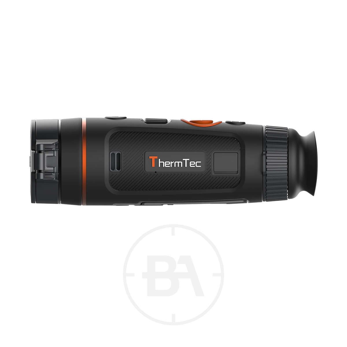 ThermTec Wild 635 Thermal lmaging Monocular 7 The ThermTec Wild 635 Thermal Imaging Monocular is displayed in a side view with black and orange accents against a white background.