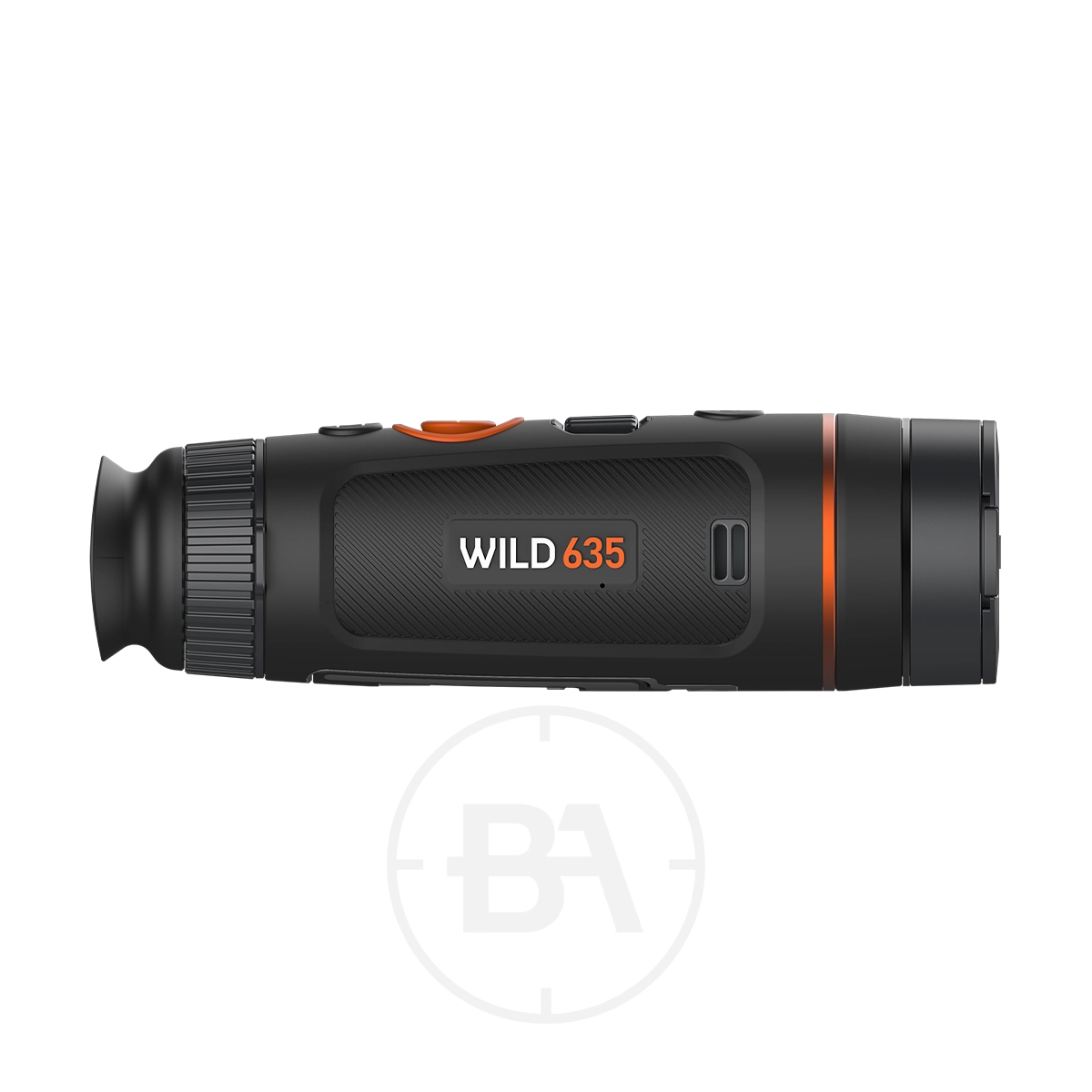 ThermTec Wild 635 Thermal lmaging Monocular 9 A black ThermTec Wild 635 Thermal Imaging Monocular with orange accents is shown from the side on a white background.