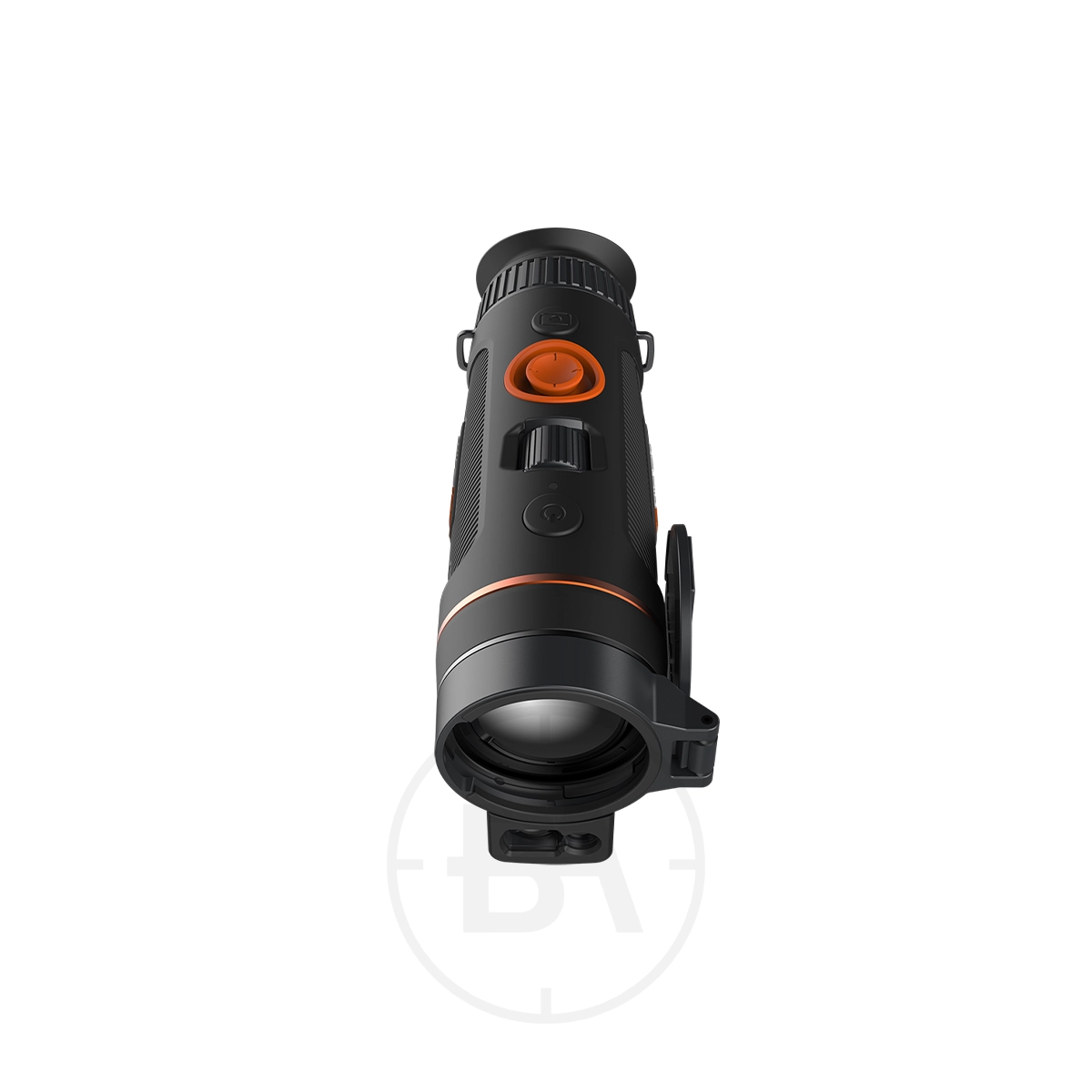 ThermTec Wild 635L Thermal lmaging Monocular 3 The ThermTec Wild 635L Thermal Imaging Monocular features a black and orange design, large lens, top buttons, textured grip, and a mounting clip for convenient handheld use.