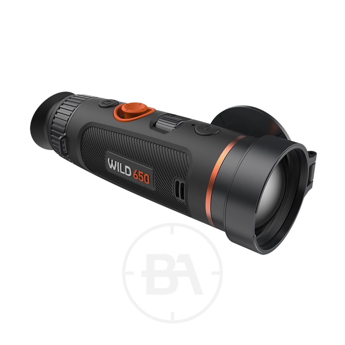 ThermTec Wild 650 Thermal lmaging Monocular 1 A ThermTec Wild 650 Thermal Imaging Monocular in black and orange with textured grip, control buttons, and a large objective lens is displayed on a white background.