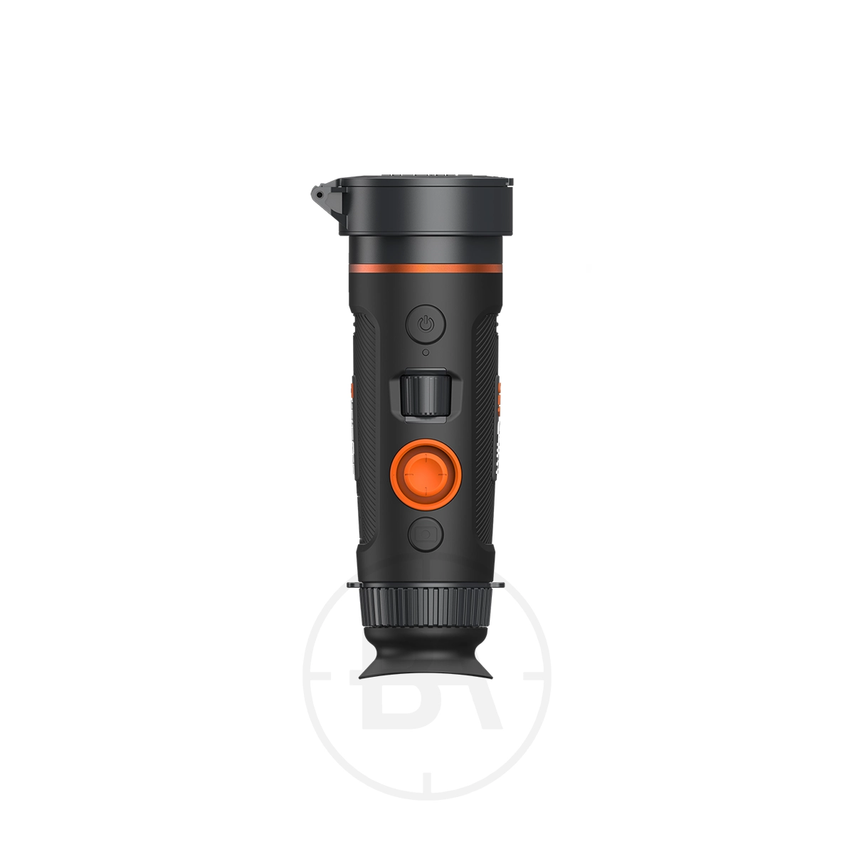 ThermTec Wild 650 Thermal lmaging Monocular 3 The ThermTec Wild 650 Thermal Imaging Monocular is a handheld device with black and orange colors, buttons, and a textured grip, displayed against a white background.