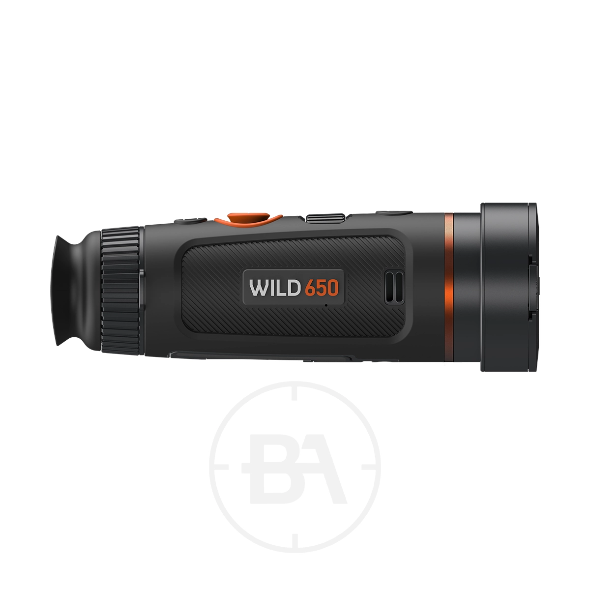 ThermTec Wild 650 Thermal lmaging Monocular 5 A side view of the ThermTec Wild 650 Thermal Imaging Monocular in black and orange is displayed against a white background.