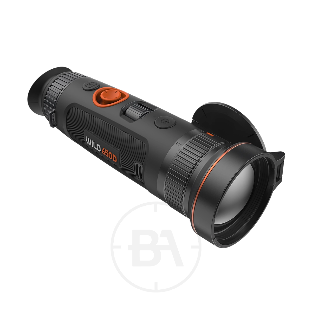 ThermTec Wild 650D Thermal lmaging Monocular 1 The ThermTec Wild 650D Thermal Imaging Monocular, black and orange with its lens cap attached to the side, is displayed against a white background.