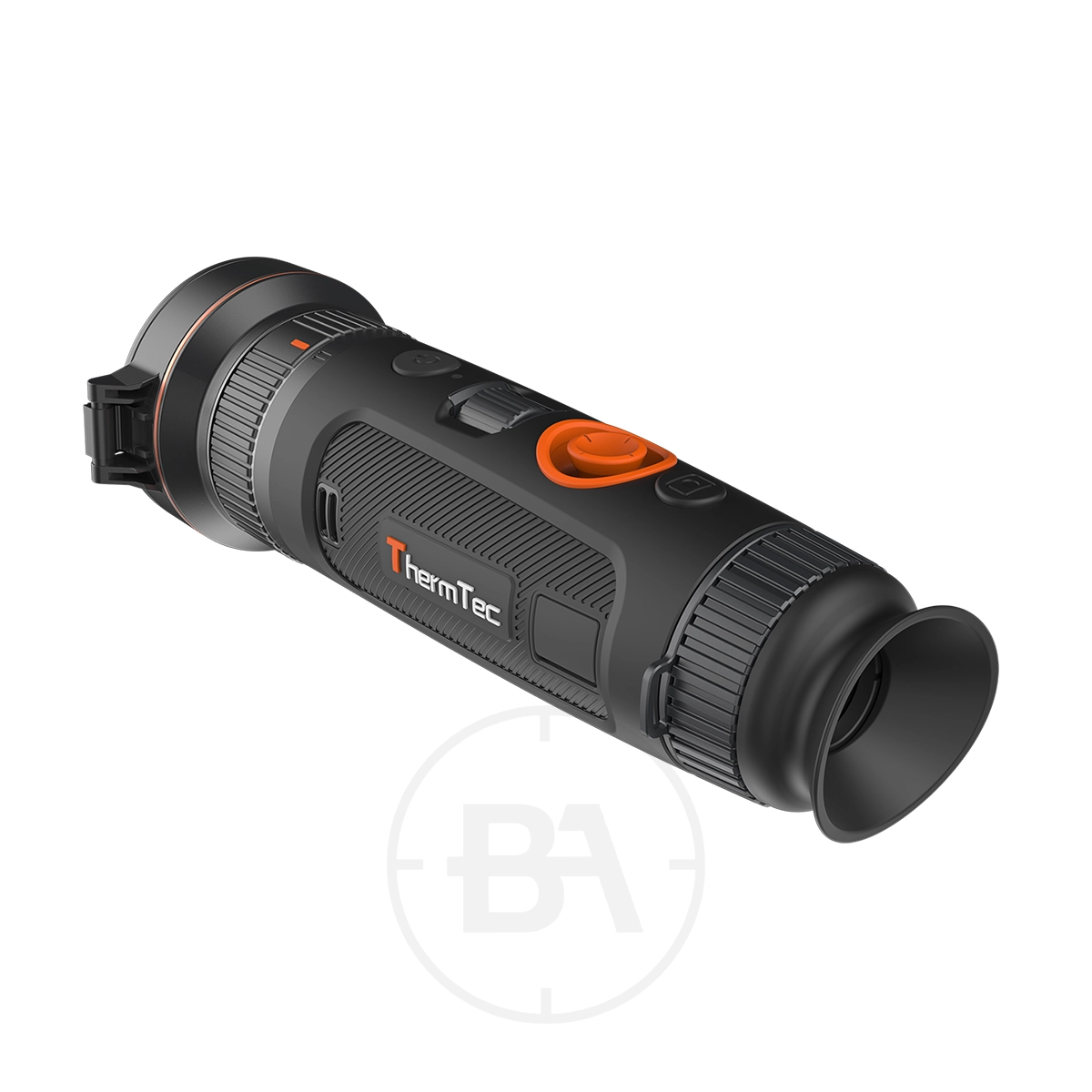 ThermTec Wild 650D Thermal lmaging Monocular 5 The ThermTec Wild 650D Thermal Imaging Monocular is a handheld device in black and orange, designed with textured grips and control buttons for easy operation.
