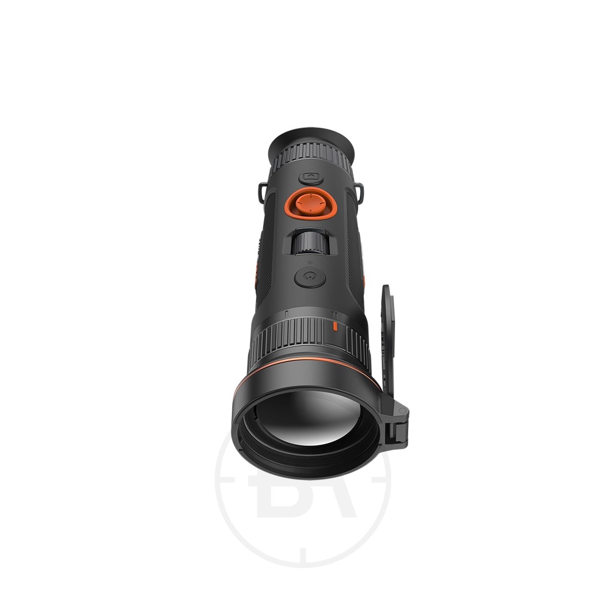 ThermTec Wild 650D Thermal lmaging Monocular 7 The ThermTec Wild 650D Thermal Imaging Monocular is a black and orange handheld device with top buttons and a side protective lens cap.
