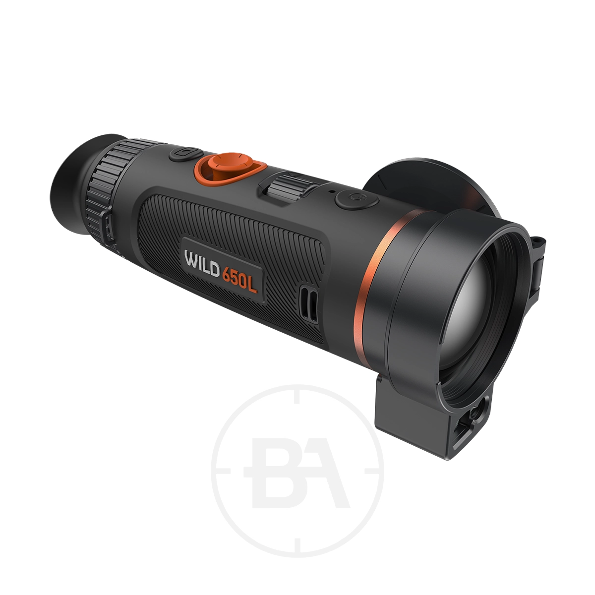 ThermTec Wild 650L Thermal lmaging Monocular 1 A ThermTec Wild 650L Thermal Imaging Monocular in black and orange, labeled "WILD 650L," with a large lens, focus dial, and control buttons is shown on a white background.