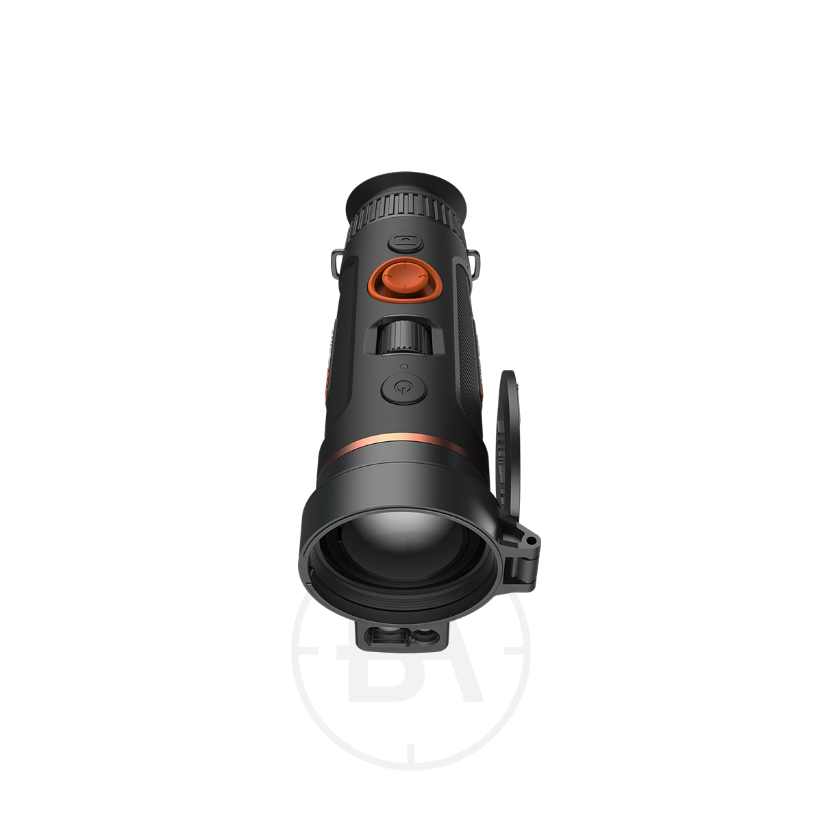 ThermTec Wild 650L Thermal lmaging Monocular 3 The ThermTec Wild 650L Thermal Imaging Monocular is shown from the front against a white background, featuring a black body with orange accents.