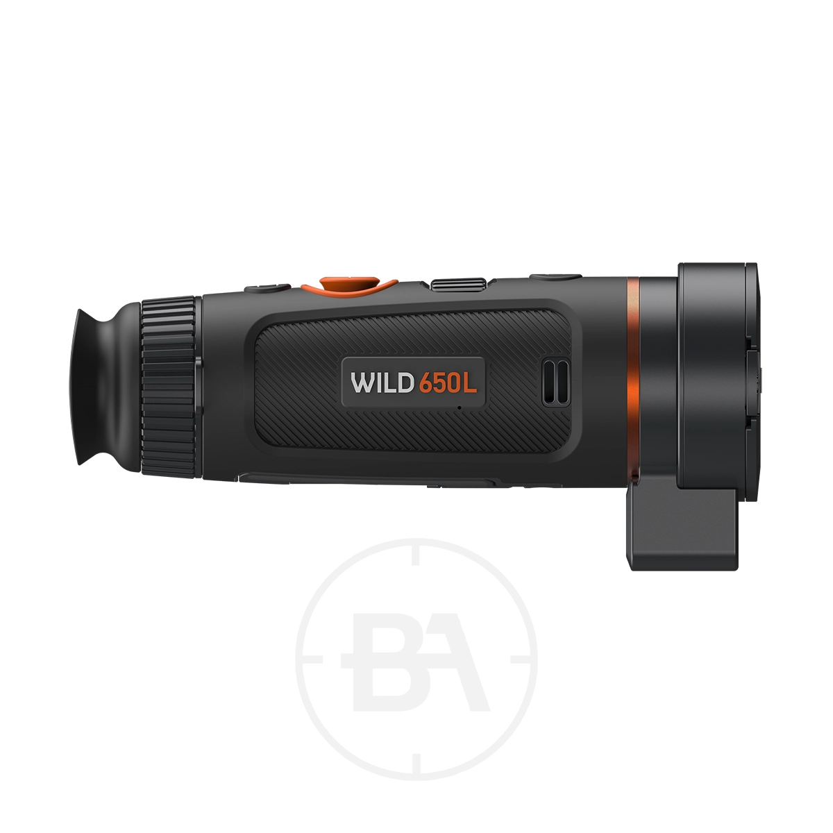 ThermTec Wild 650L Thermal lmaging Monocular 7 A side view of the ThermTec Wild 650L Thermal Imaging Monocular in black and orange is shown against a white background.