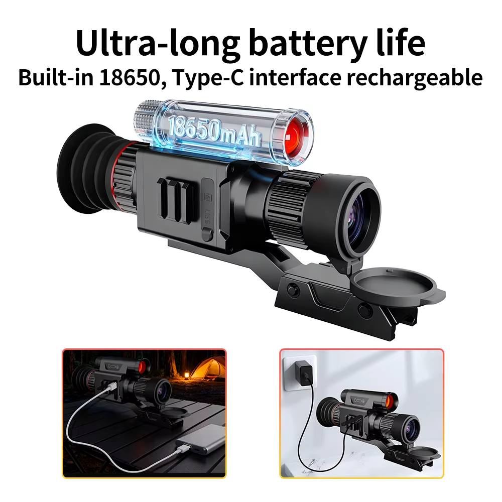 Fuego DS-X7 Day & Night Vision Rifle Scope 3 The Fuego DS-X7 Day & Night Vision Rifle Scope features a built-in 18650mAh battery and Type-C charging port for ultra-long battery life. Insets show USB and mains charging. Text: "Ultra-long battery life. Built-in 18650, Type-C rechargeable.