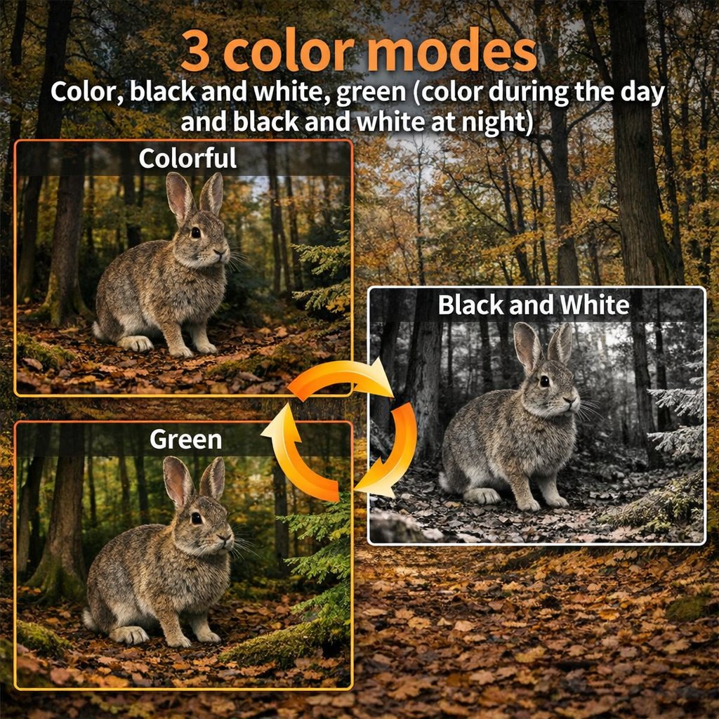 Fuego DS-X7 Day & Night Vision Rifle Scope 4 A comparison image of a rabbit in a forest shows three colour modes: colourful, black & white, and green. Arrows show switching between modes with the Fuego DS-X7 Day & Night Vision Rifle Scope. Text highlights colour changes from day to night.
