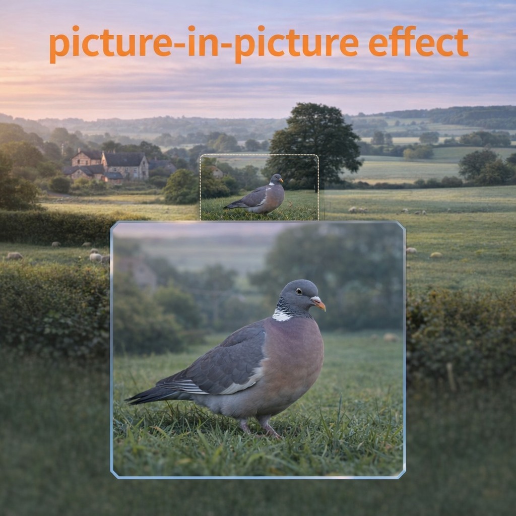 Fuego DS-X7 Day & Night Vision Rifle Scope 2 A countryside sunset scene with a pigeon in the foreground. The image uses a picture-in-picture effect, like viewing through the Fuego DS-X7 Day & Night Vision Rifle Scope, with an inset of the pigeon. Text reads "picture-in-picture effect.