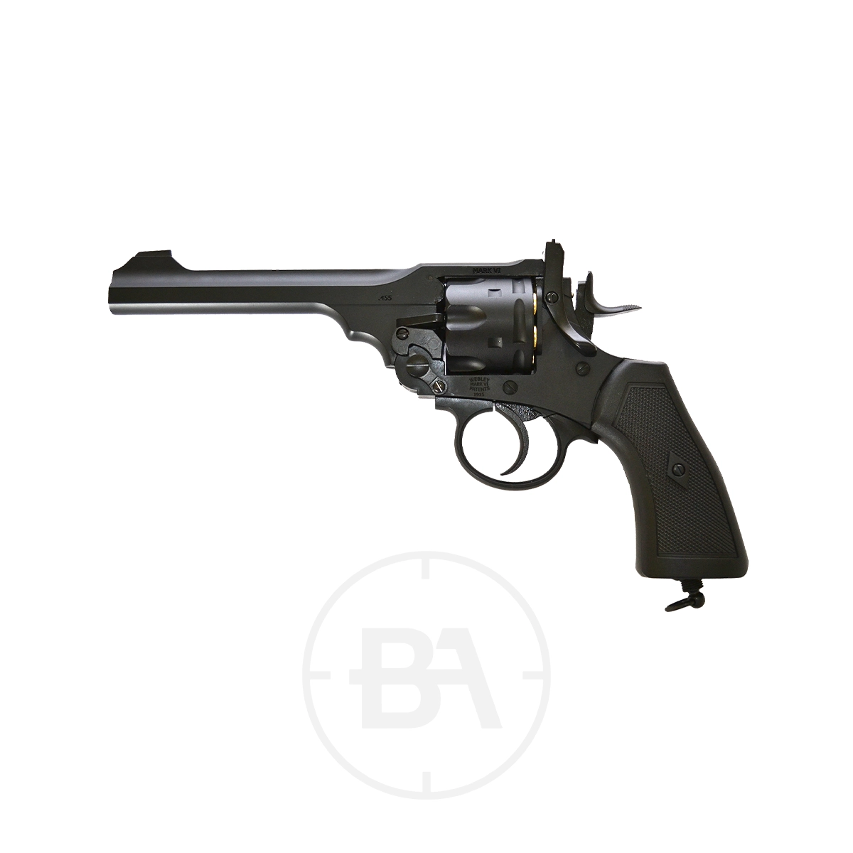 Webley MKVI 6" Service Revolver CO2 Pistol 1 The Webley MKVI 6" Service Revolver CO2 Pistol, a sleek black revolver featuring a long barrel, six chambers, and textured grip, is showcased on a plain white background.