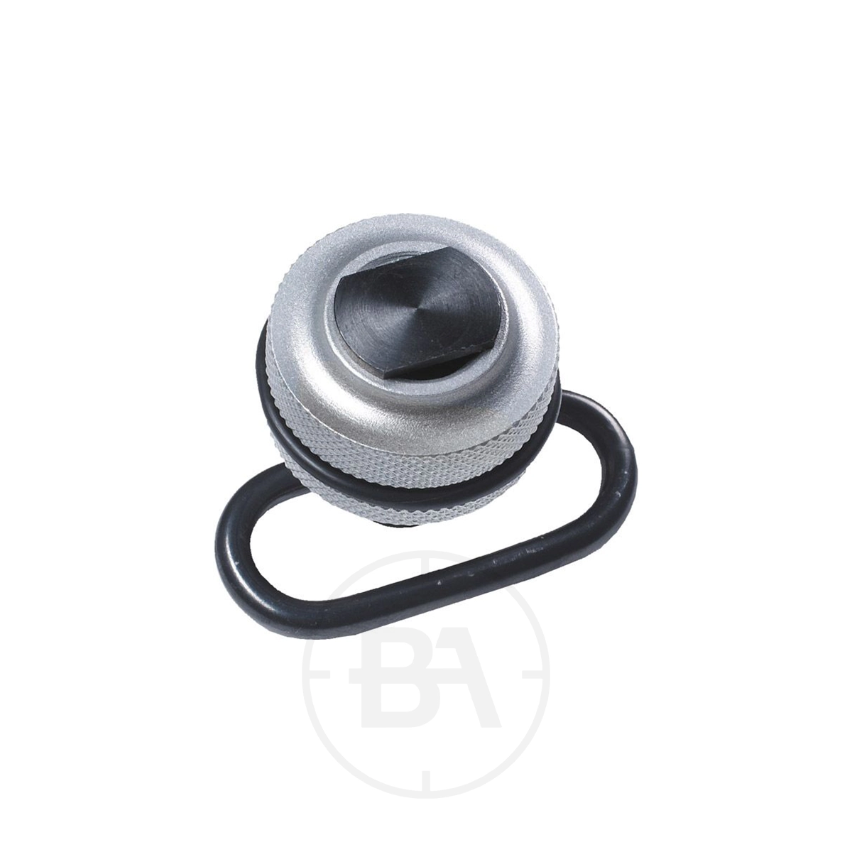 Gehmann 707 Handstop 1 A Gehmann 707 Handstop quick-release pin, featuring a textured grip and attached black D-ring, is shown viewed from above on a white background.