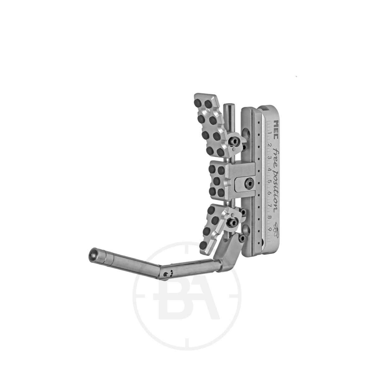 Gehmann 709-II MED Free Position-II Butt Hook 1 Gehmann 709-II MED Free Position-II Butt Hook, a metal orthopedic implant device with adjustable hinges and screws, is shown vertically against a white background for optimal free position adjustment.
