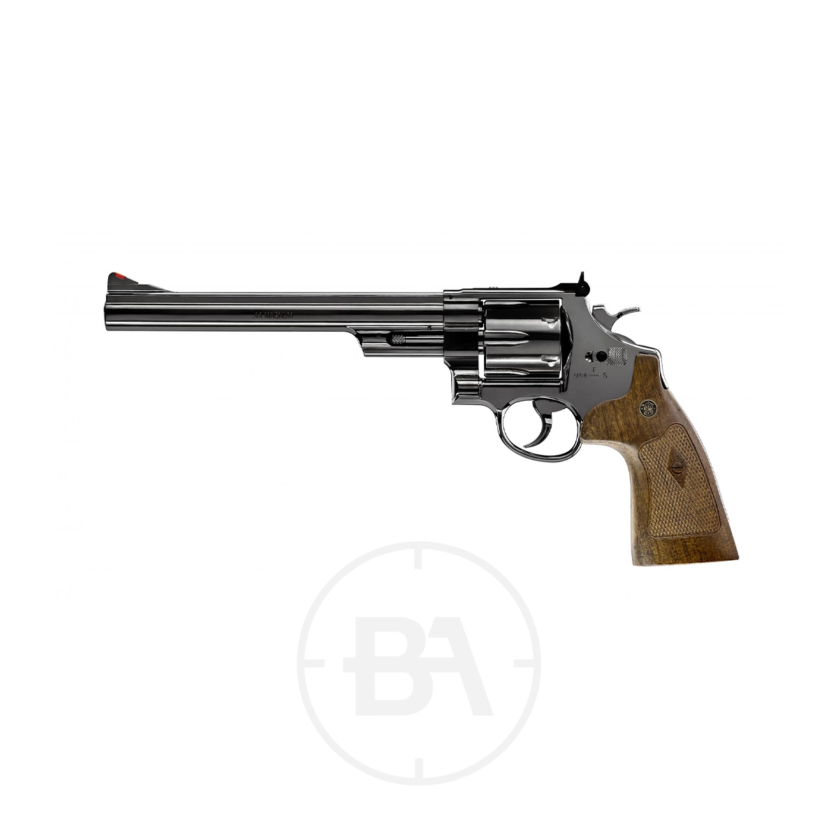 Smith & Wesson M29 8" CO2 Pistol 4.5mm BB 1 The Umarex Smith & Wesson M29 8" CO2 Pellet Revolver, featuring a long silver barrel and wooden grip in the classic Smith & Wesson style, is displayed on a white background.