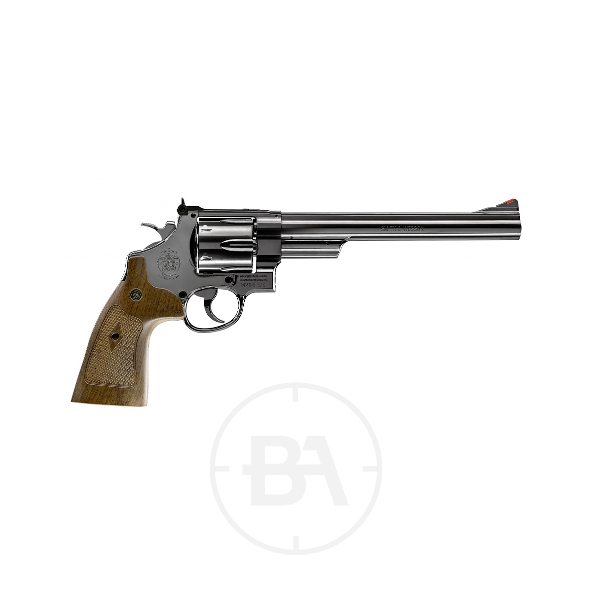 Smith & Wesson M29 8" CO2 Pistol 4.5mm BB 3 An Umarex Smith & Wesson M29 8" CO2 Pellet Revolver with a long silver barrel and wooden grip is shown on a white background.