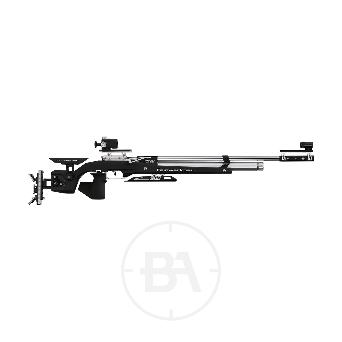Feinwerkbau 800 W Match Target Rifle 3 The Feinwerkbau 800 Match Target Rifle boasts a sleek black and silver design with black varnish. It features an adjustable stock, precision sights, and a long barrel for ultimate accuracy.