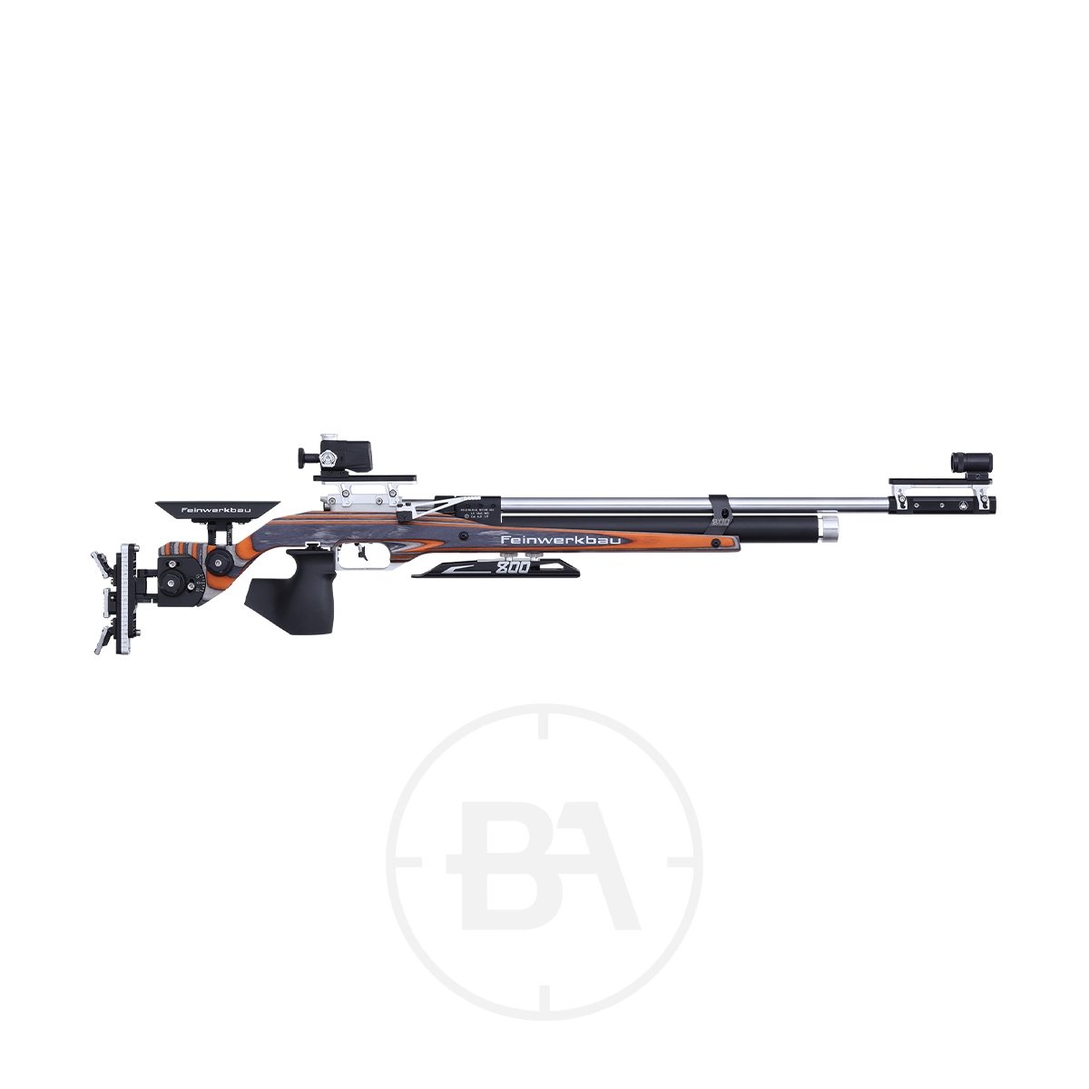 Feinwerkbau 800 W Match Target Rifle 1 The Match Target Rifle boasts a striking black and orange laminate frame, equipped with a Feinwerkbau 800 scope and adjustable components. Displayed on a pristine white background, it merges precision with sleek design effortlessly.
