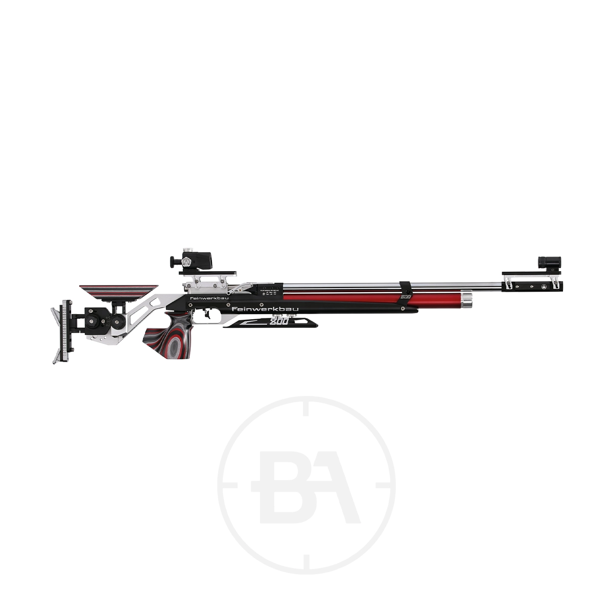 Feinwerkbau 800 Alu Match Target Rifle 3 The Match Target Rifle features a long barrel, adjustable stock, and precision scope, predominantly in red and black. This Feinwerkbau 800 model is designed for accuracy and performance.