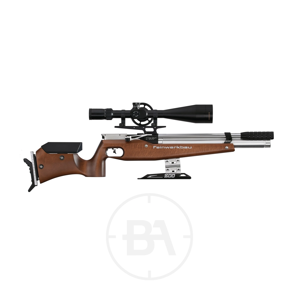 Feinwerkbau 800 Basic Field Target Rifle 1 The "Feinwerkbau 800 Basic Field Target Rifle" is a precision air rifle with a wooden stock and scope, boasting quality craftsmanship and the renowned brand name on its side, ideal for excelling in field target competitions.