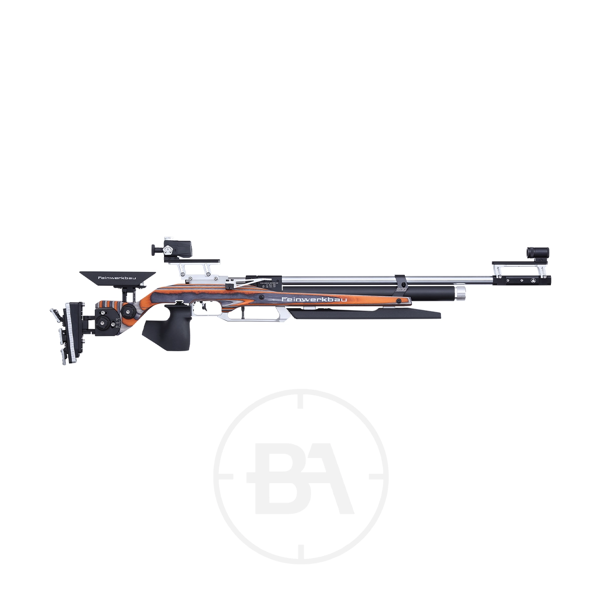 Feinwerkbau 800 W Bench Rest Target Rifle 3 A precision air rifle, the Feinwerkbau, boasts a sleek orange and black design with adjustable components and a scope. Ideal for bench rest target shooting, it stands out against a white background.