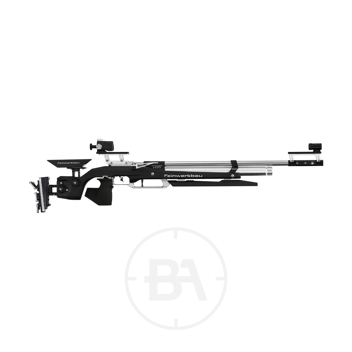 Feinwerkbau 800 W Bench Rest Target Rifle 1 This black and silver Feinwerkbau precision air rifle is designed for bench rest target shooting, featuring adjustable sights and an 800 W power mechanism, all set against a crisp white background.