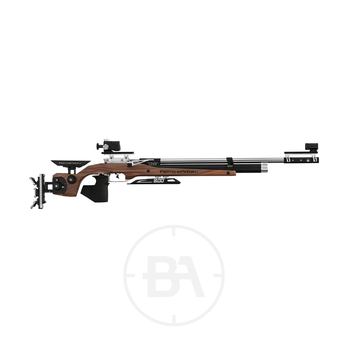 Feinwerkbau 800 W Match Target Rifle 5 Feinwerkbau precision air rifle with wooden and metal components, featuring a long barrel and sights. This Match Target Rifle's elegant design showcases a beautiful walnut finish, displayed on a pristine white background.