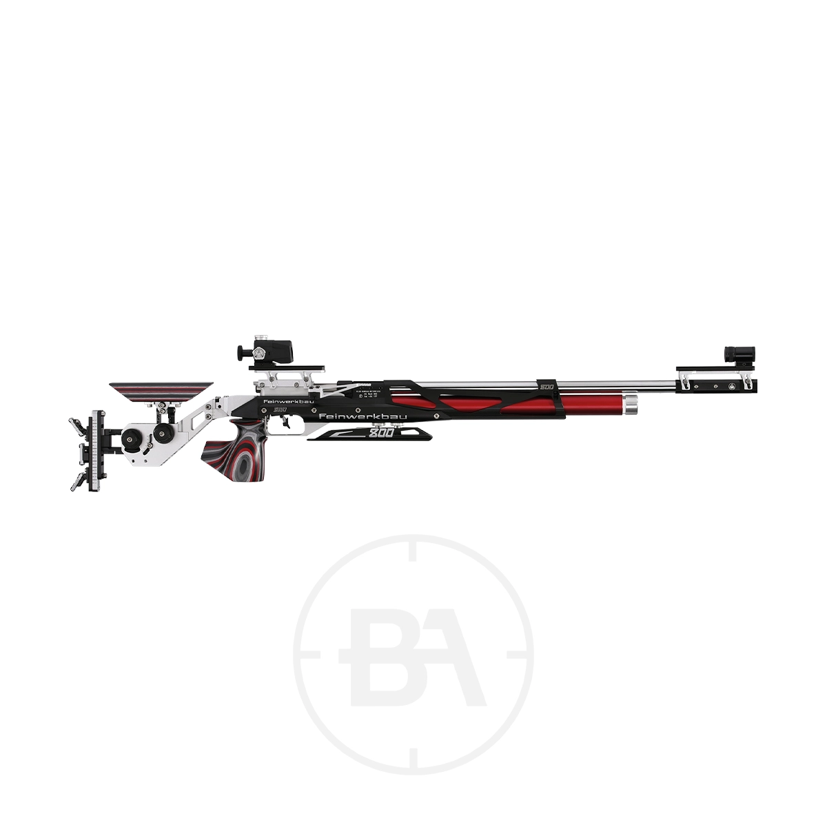 Feinwerkbau 800 X Match Target Rifle 1 The Feinwerkbau 800 X Match Target Rifle boasts a sleek black and red design, complete with an adjustable stock and sight. Precision components enhance its performance, all displayed against a plain white backdrop.