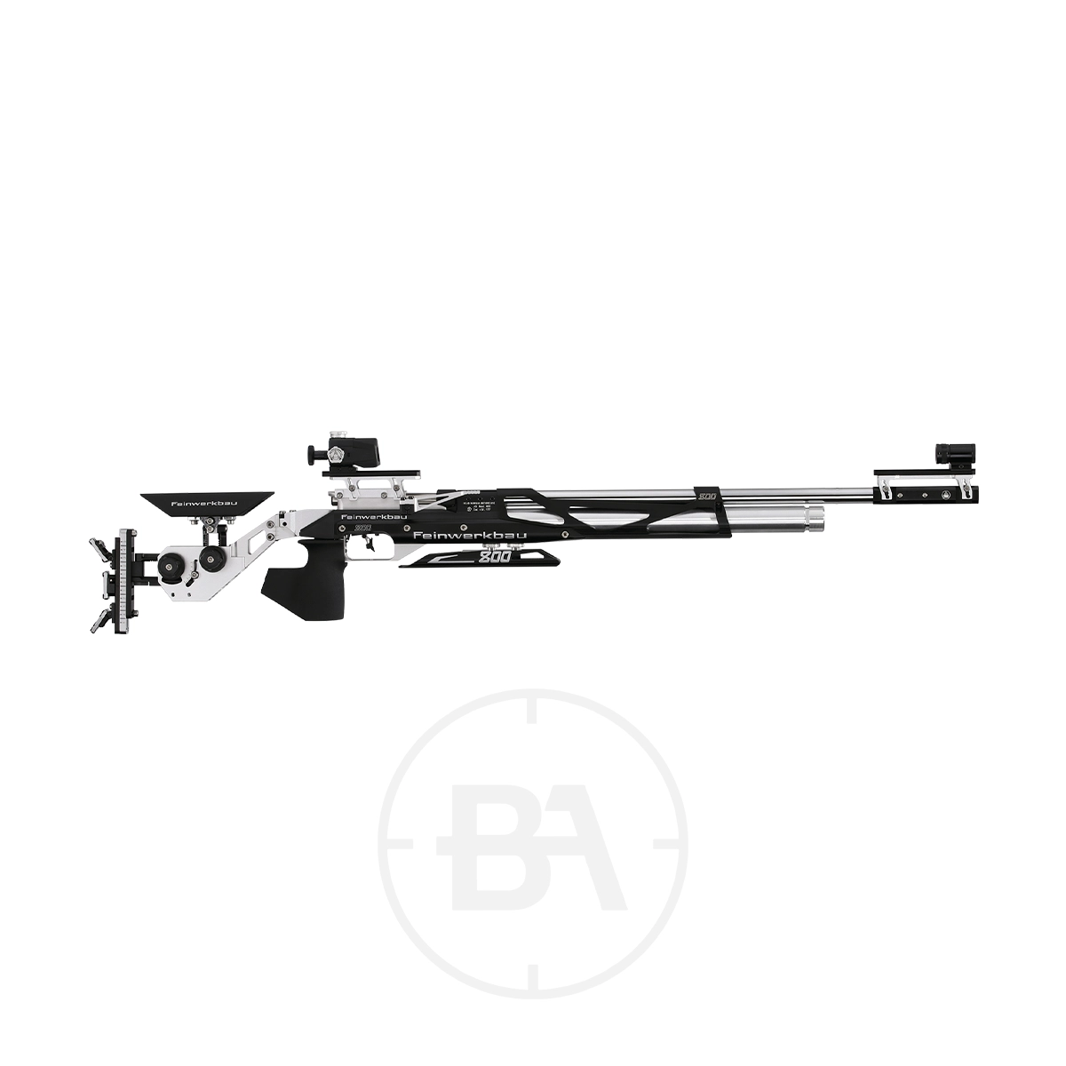 Feinwerkbau 800 X Match Target Rifle 3 The Feinwerkbau 800 X precision air rifle boasts a sleek black and silver design, perfect as a match target rifle. It features adjustable sights and stock for customized accuracy.
