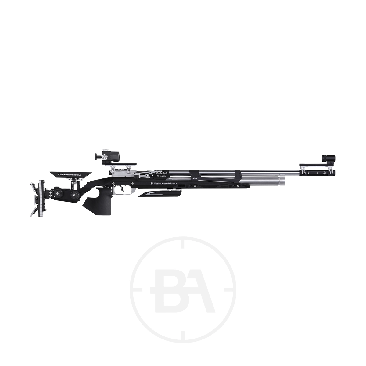 Feinwerkbau 900 Alu Match Target Rifle 1 Side view of a black and silver Match Target Rifle, the Feinwerkbau 900 Alu, featuring multiple adjustable components and a precision scope.