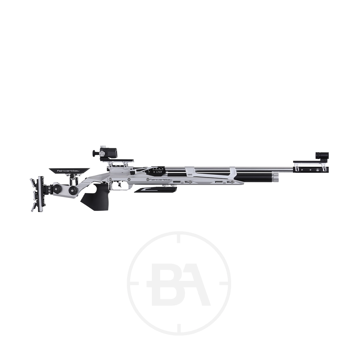 Feinwerkbau 900 Alu Match Target Rifle 3 Side view of a sleek, modern Match Target Rifle by Feinwerkbau, showcasing a black and silver design with adjustable components and a scope. Perfectly engineered like the 900 Alu, it's ideal for precision shooting enthusiasts.