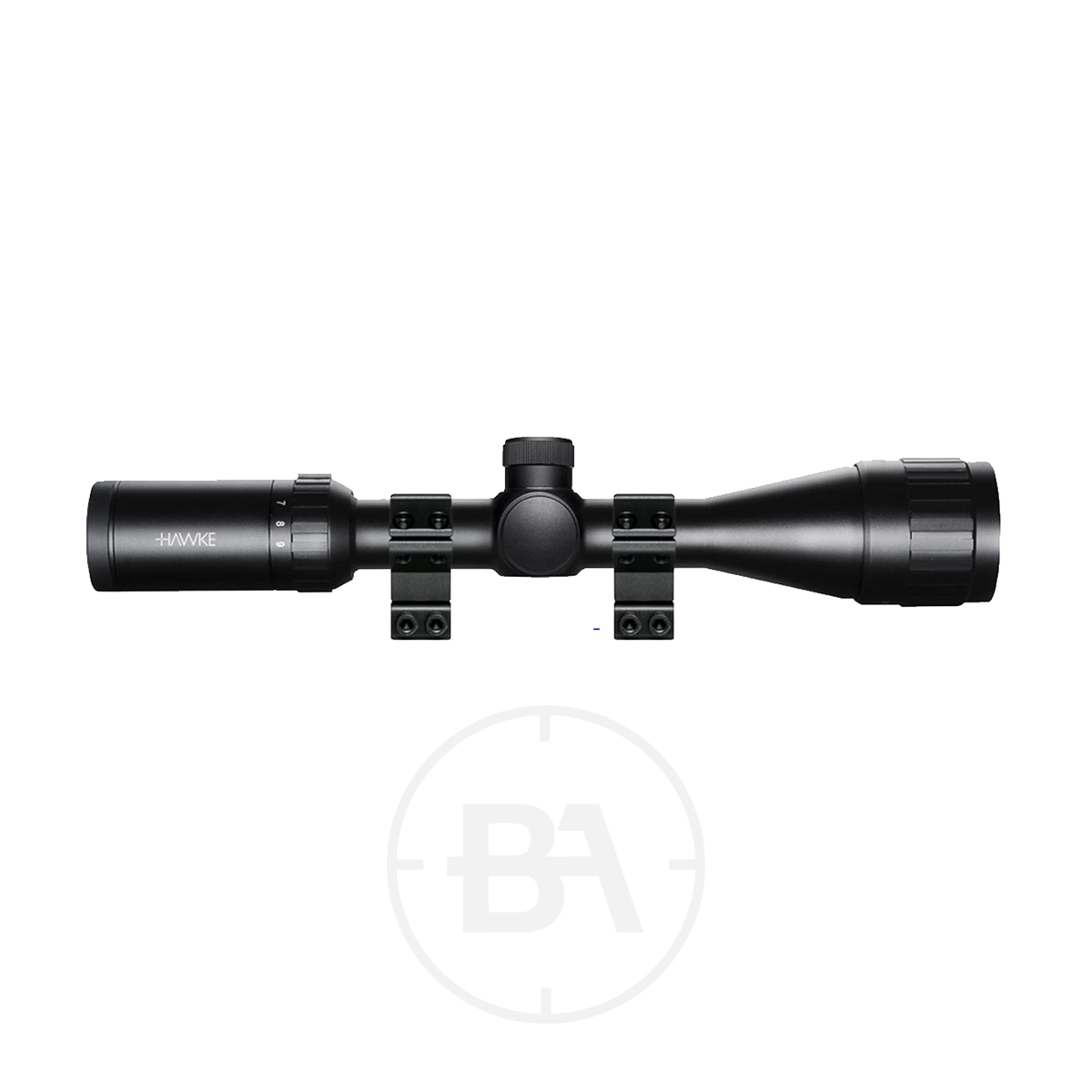 Hawke Fast Mount 3-9 x40 AO Mil Dot With Mounts 1 A Hawke Fast Mount 3-9 x40 AO Mil Dot rifle scope with dovetail mounts is shown in side profile against a white background.
