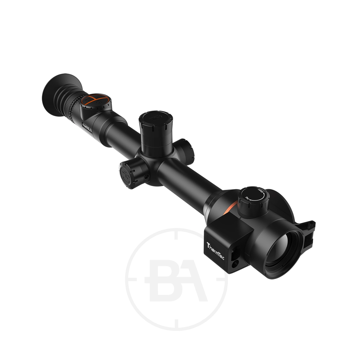 ThermTec Ares 335L 2.0 Thermal lmaging Rifle Scope 1 A ThermTec 335L 2.0 Thermal Imaging Rifle Scope in black, featuring adjustment knobs and lens covers, shown at an angle against a white background.