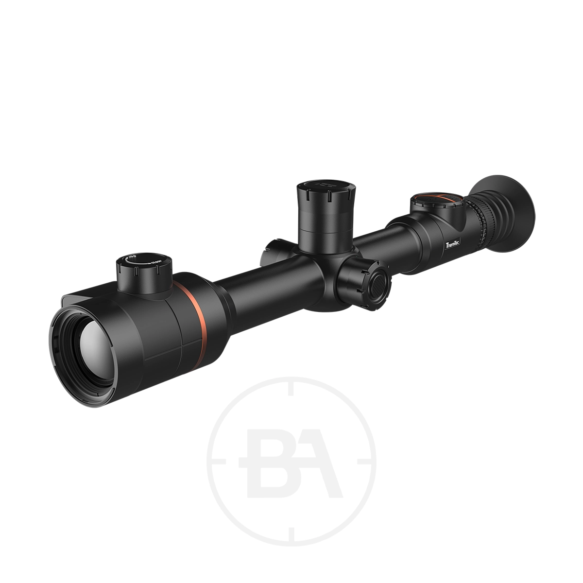 ThermTec Ares 335L 2.0 Thermal lmaging Rifle Scope 3 A ThermTec 335L 2.0 Thermal Imaging Rifle Scope in black, featuring adjustment knobs and lens caps, is shown at an angle against a white background.