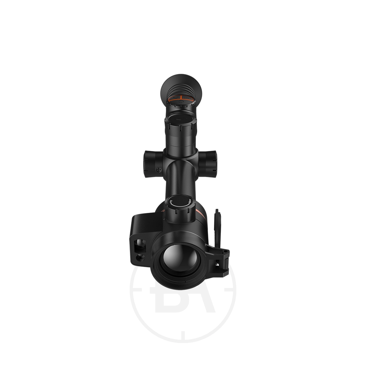ThermTec Ares 335L 2.0 Thermal lmaging Rifle Scope 5 Front view of the ThermTec Ares 335L 2.0 Thermal Imaging Rifle Scope with adjustment knobs and mounting bracket, highlighting its advanced thermal imaging technology against a white background.