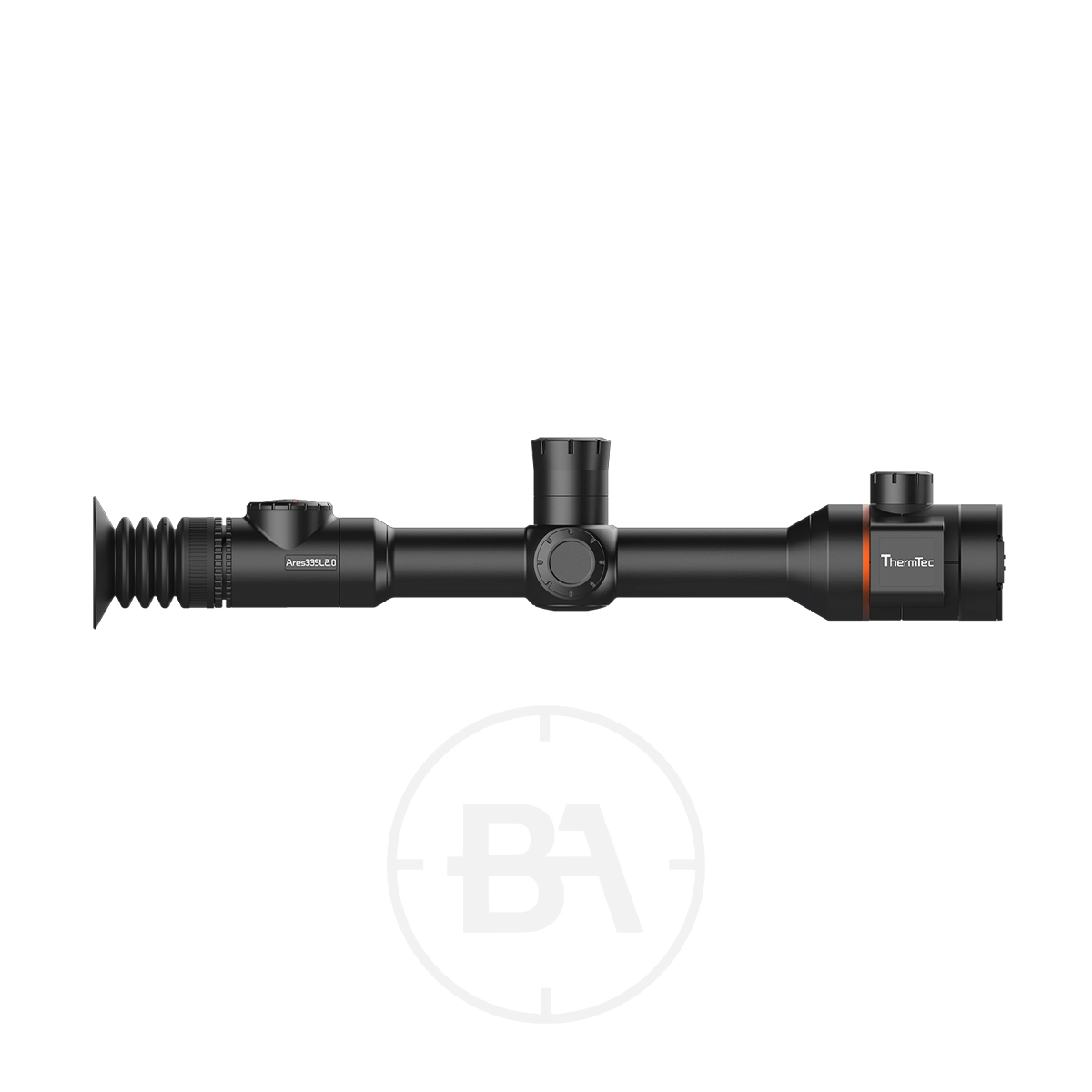 ThermTec Ares 335L 2.0 Thermal lmaging Rifle Scope 7 A ThermTec 335L 2.0 Thermal Imaging Rifle Scope with adjustment knobs and a rubber eyepiece, shown from the side on a white background.